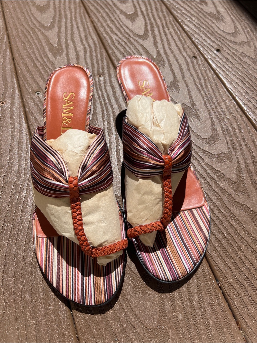 Sam & Libby Striped Multicolor Braided Thong Sandals with Coral Accents